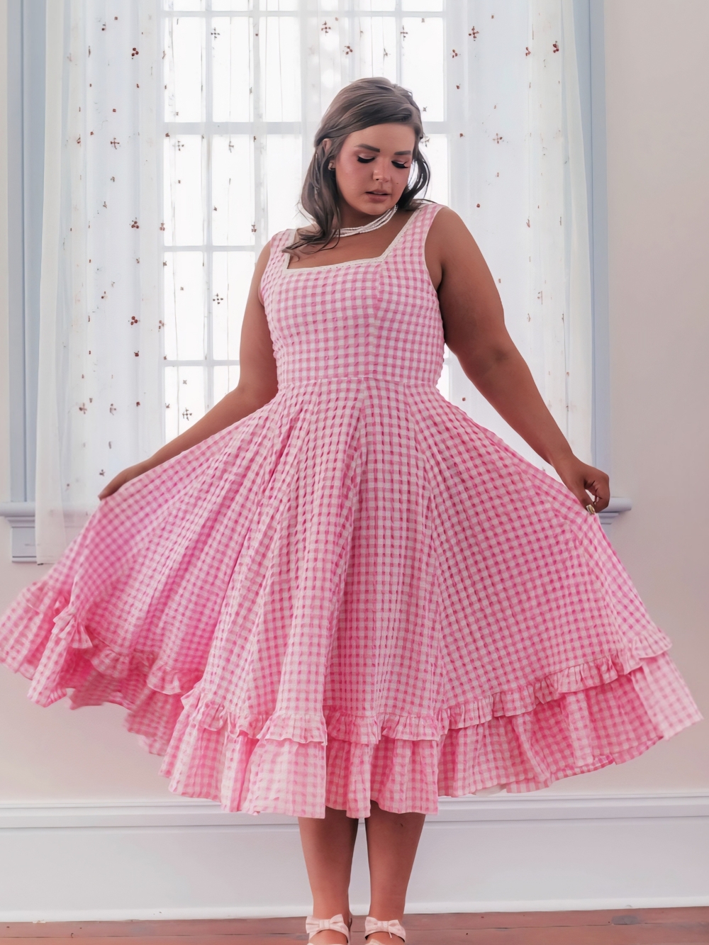 JessaKae Pink Gingham Square-Neck Midi Dress
